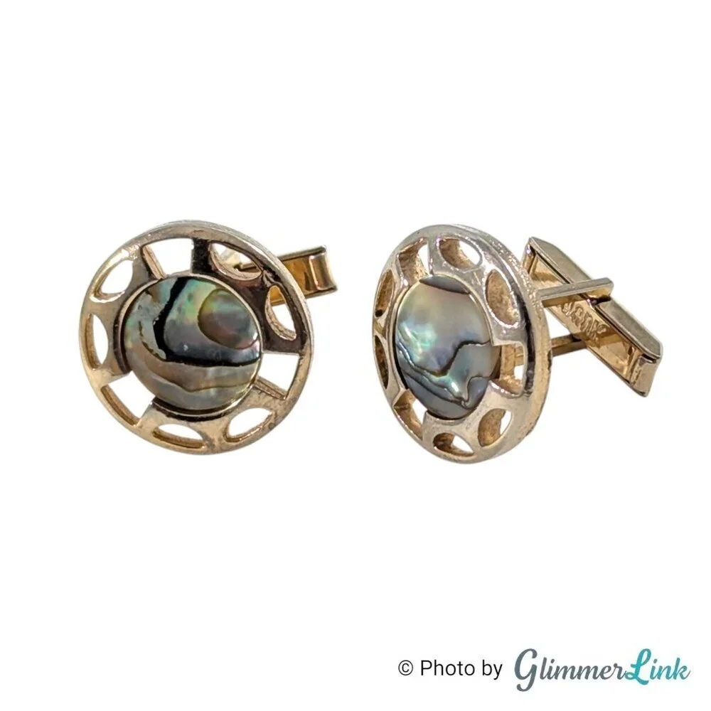 Vintage Swank Round Abalone Shell Whale Back Gold Tone Cufflinks